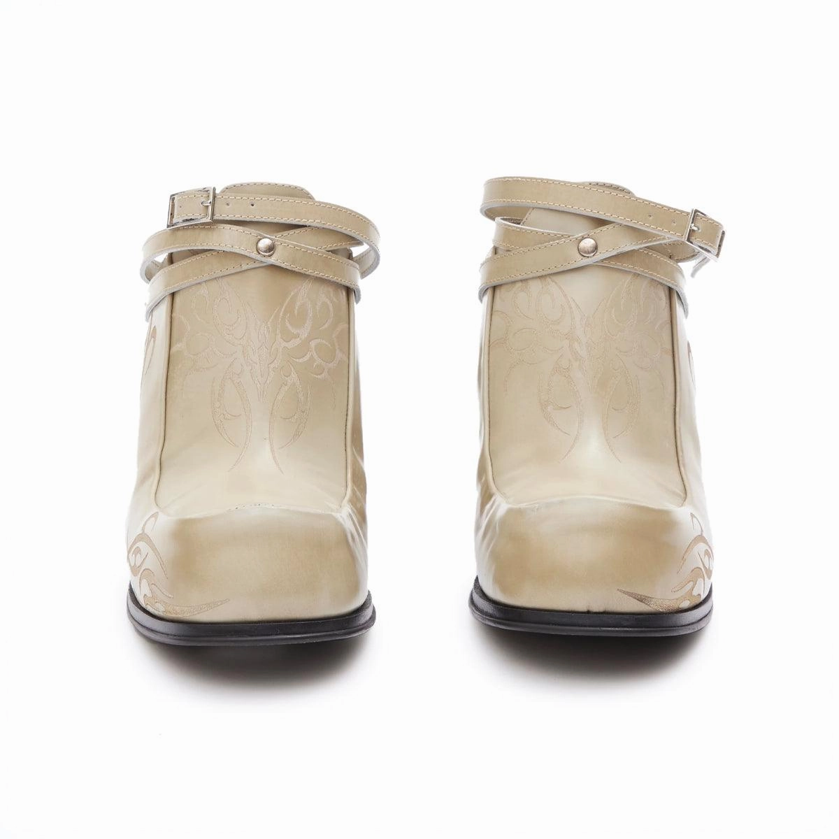  Simona Vanth Tango Stacked Etched Heels 'Brushed Taupe'