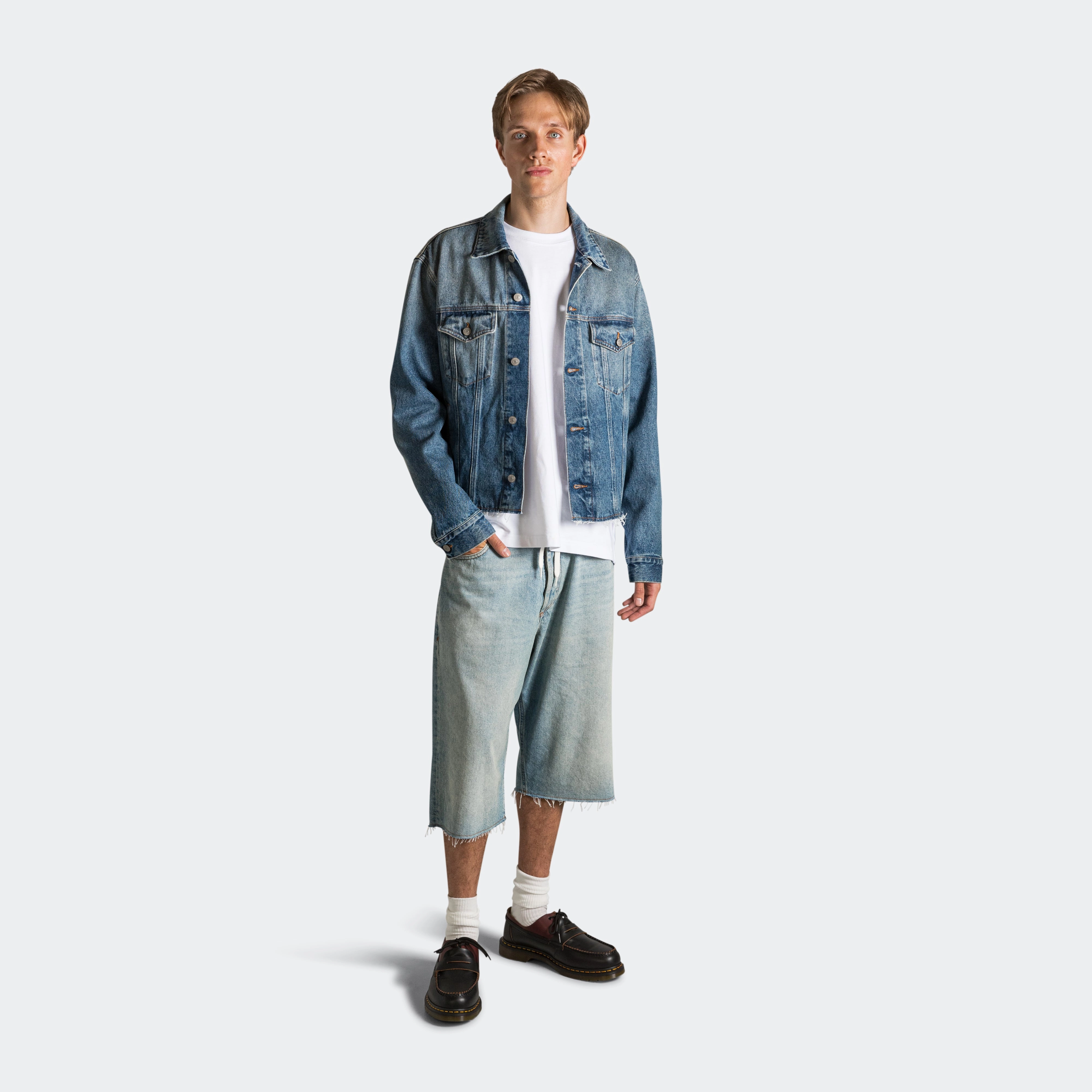 Drawstring Denim Shorts - Light Blue