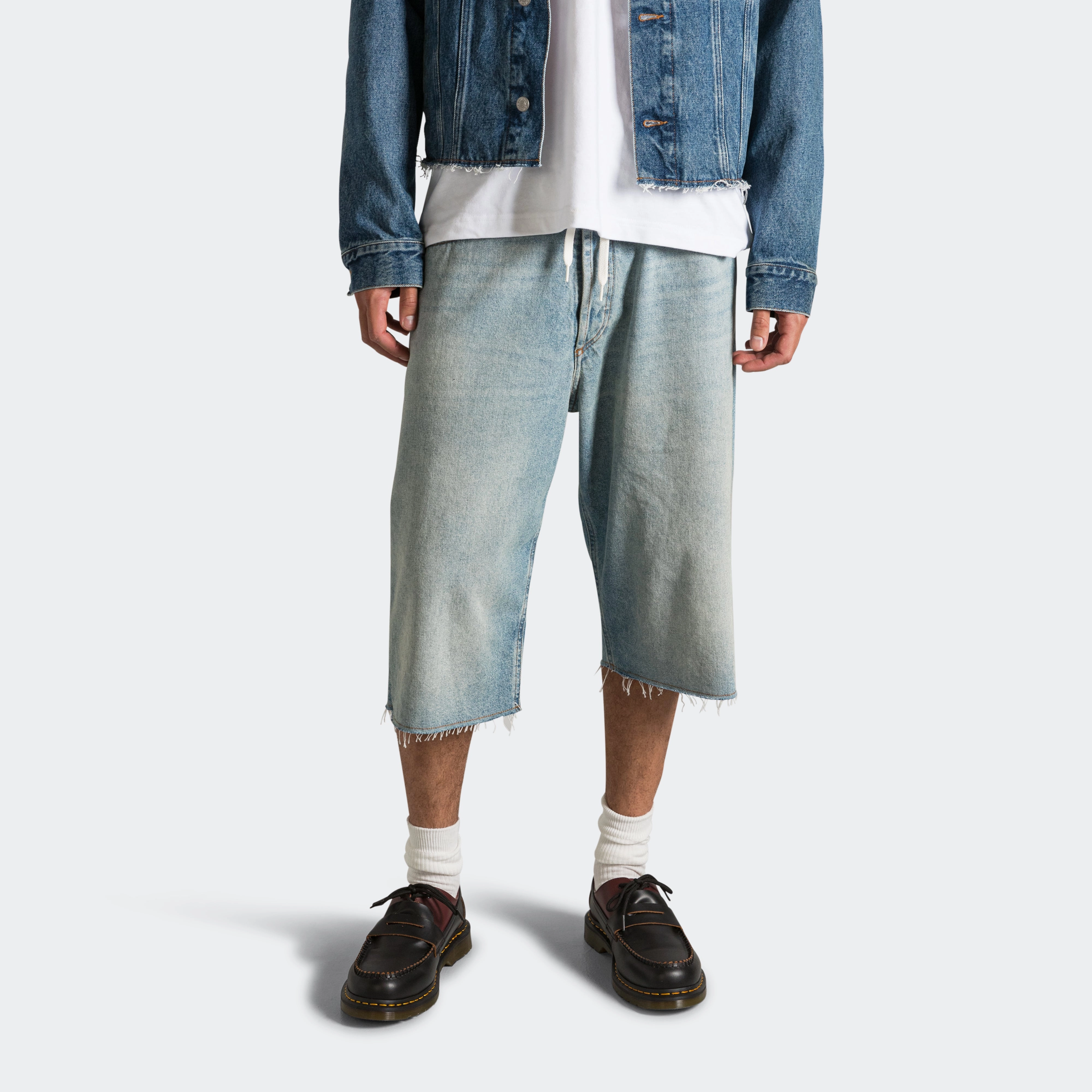 Drawstring Denim Shorts - Light Blue