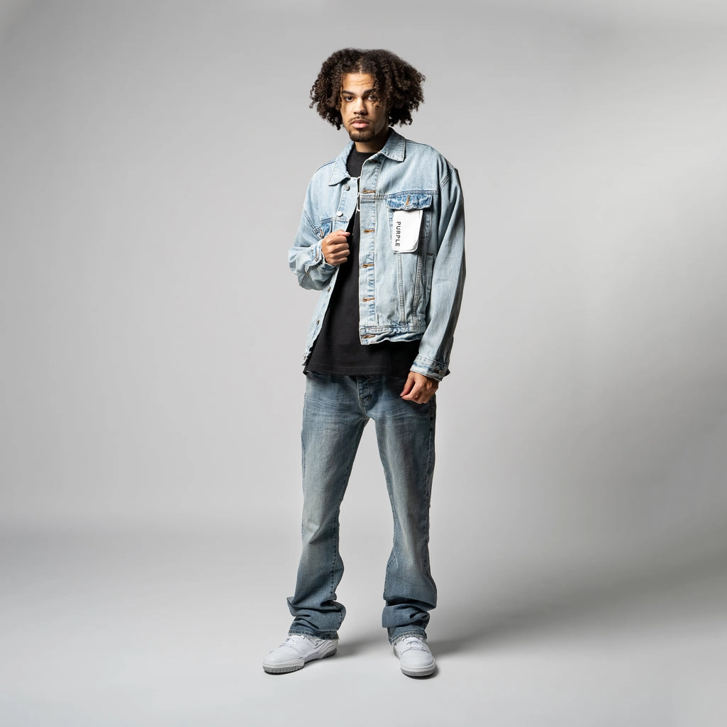 Purple Brand Denim Oversized Jacket - Light Indigo Embroidered